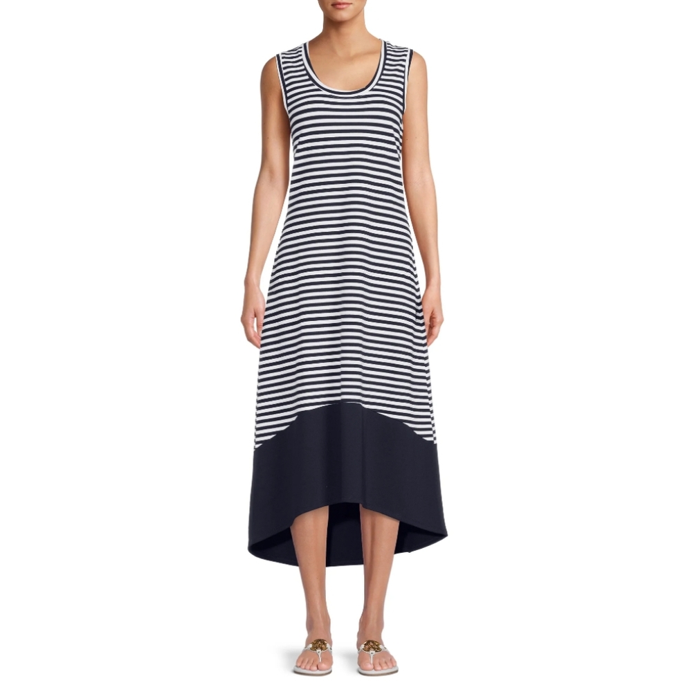 Time and Tru Women’s Pique Knit Dress with High Low Hem - Navy Stripe